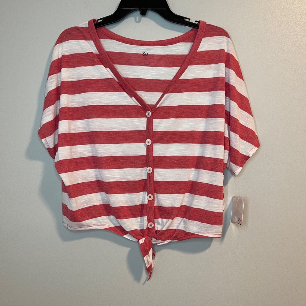 SO Burnout Pink & White Striped Shirt Button Up Tie Front New Size Medium